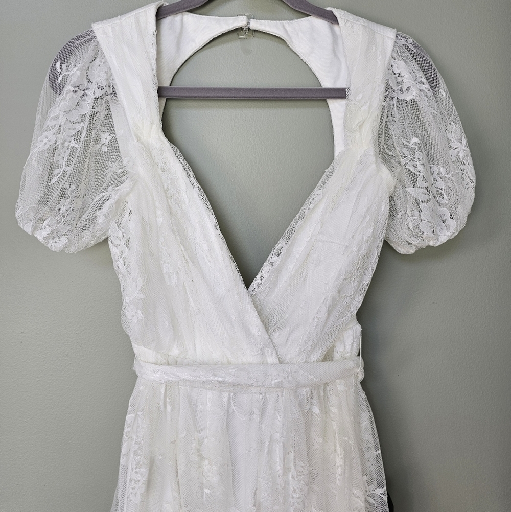 Lulus Romantic Prose White Lace Puff Sleeve Backless Midi Skater Dress, Small - Picture 9 of 14